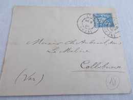 FRANCE.ENVELOPPE.TIMBRE SAGE.15CTS BLEU. CACHET LYON.A M.AUBANEL.AVOCAT.LA MALIERE.COLLOBRIERES. - 1877-1920: Semi Modern Period