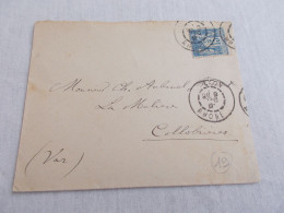 FRANCE.ENVELOPPE.TIMBRE SAGE.15CTS BLEU. CACHET LYON.A M.AUBANEL.AVOCAT.LA MALIERE.COLLOBRIERES. - 1877-1920: Semi-Moderne