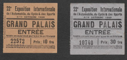 Tickets Entrée 22e Exposition Int. Automobile Cycle & Sports Grand Palais Paris France 1928 Auto Moto Bike Fair Tickets - Toegangskaarten