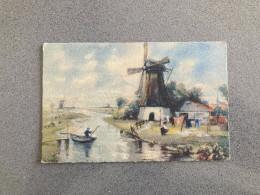 G Grobe Windmill. Boat. River. Painting Carte Postale Postcard - Paintings