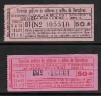 Espagne 2 Ticket Location Chaises Publiques Barcelone Pub Servicio Publico Sillones Y Sillas Barcelona España Spain - Biglietti D'ingresso