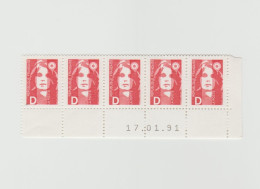 Bande De 5 Timbres Marianne De Briat Dit Du Bicentenaire Daté Du 17.01.91 - 1989-1996 Marianne Du Bicentenaire