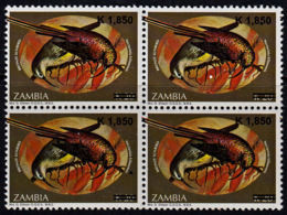 C0107 ZAMBIA 2007, SG1025, K1,850 Surcharge On K20 Sunbirds,  MNH Blocks Of 4 - Zambie (1965-...)