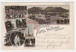 39081331 - Bad Harzburg, Lithographie. Hotel Victoria Restaurant Unter Den Eichen Fontaine Bismarck Denkmal Radaufall S - Bad Harzburg