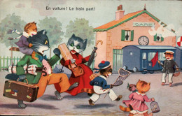 CHATS , Cpa  En Voiture ! Le Train Part  (04601.S2) - Cats