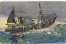 387 - Chalutier De Grande Pêche Ramassant Son Chalut ( Dessin De A. Sebille) - Fishing Boats