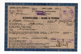 1943. WWII SERBIA,GERMAN OCCUPATION,AUSWEIS,PERMISSION FOR TRAVEL FROM BELGRADE TO OBRENOVAC,ISSUED BY RAILWAYS POLICE - Historical Documents