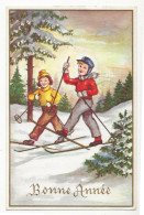 412 - Enfants à Skis Dans La Neige  - Bonne Année - Dessins D'enfants
