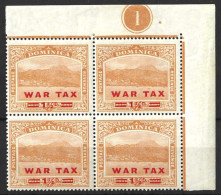 DOMINICA......KING GEORGE V...(1910-36..).." 1919.."......WAR TAX  X  PLATE  BLOCK OF 4.......SG59...TONED......MH.. - Dominique (...-1978)