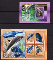 St Kitts - 2014 - Marine Mammals Of Caribbean - Whales - Yv 1614/17 + Bf 137 - Wale