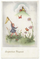 424 - Fillette - Chasse Aux Papillons -   Joyeuses Pâques - Dessins D'enfants