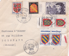1955 -Devant De Lettre De CHATEAUROUX-36 Pour BORDEAUX-33 ( France),timbres  Dont Blasons , Cachet - 1921-1960: Periodo Moderno