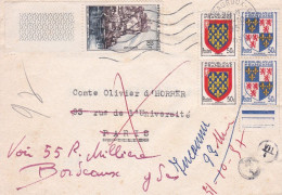 1957-lettre CHATEAUROUX-36 Pour PARIS Réexpédiée Sur BORDEAUX-33 ( France),timbres  Dont Blasons , Cachet - 1921-1960: Modern Tijdperk