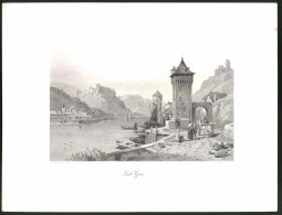 Stahlstich St. Goar, Flusspartie Mit Turm Gegen Ruine, Stahlstich Um 1880, 26 X 33cm  - Prints & Engravings