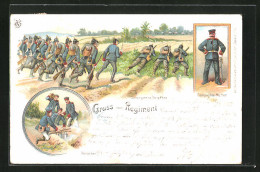 Lithographie Infanterie-Soldaten Beim Abkochen Und Sprungweises Vorgehen, Compagnie-Mutter Im Portrait  - Guerre 1914-18