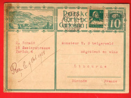 VBA-35  Ganzsache Entier Postal Sierre Siders Valais  Gelaufen Zürich Nach Libourne France Gironde In 1936 - Enteros Postales