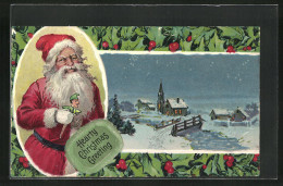 Präge-AK Weihnachtsmann Handpuppe, Schneebeckte Ortschaft Bei Nacht  - Santa Claus