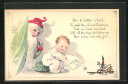 AK Weihnachtsmann Blickt Auf Ein Kleinkind, Welches Einen Wunschzettel Schreibt  - Santa Claus