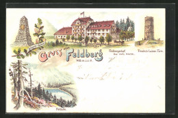 Lithographie Feldberg / Schwarzwald, Gasthaus Feldbergerhof, Friedrich-Luisen-Turm, Bismarck-Denkmal, Feldsee  - Feldberg