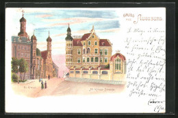 Lithographie Augsburg, Hl. Kreuz-Strasse Mit Hl. Kreuz-Kirche  - Augsburg