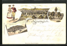 Lithographie Stuttgart, Schlossplatz, Königsbau, Herzog Christoph-Denkmal  - Stuttgart