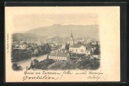 AK Leoben, Totalansicht Mit Kirche Und Fluss  - Autres & Non Classés