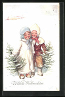 Künstler-AK Karl Feiertag: Kinder Im Schnee Mit Tannenbäumen  - Feiertag, Karl