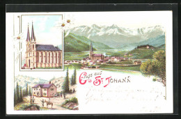 Lithographie St. Johann, Gasthaus, Kirche, Totalansicht  - Autres & Non Classés