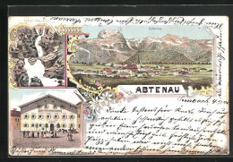 Lithographie Abtenau, Gasthof Zum Rothen Ochsen, Ortsansicht, Aubach-Wasserfall  - Sonstige & Ohne Zuordnung