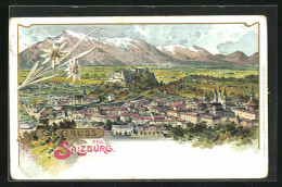 Lithographie Salzburg, Totalansicht, Edelweiss  - Autres & Non Classés