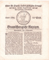 Germany Braunswick Sept.1776. Public Notice (Lost &  Found, Rentals, Birth & Death Notices, Etc.). Printed Item In 4 Pag - Briefe U. Dokumente