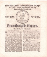 Germany Braunswick Sept.1776. Public Notice (Lost &  Found, Rentals, Birth & Death Notices, Etc.). Printed Item In 4 Pag - Covers & Documents