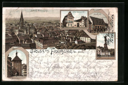 Vorläufer-Lithographie Freiburg I. B., 1895, Martinsthor, Kaufhaus, Alte Universität  - Freiburg I. Br.