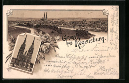 Lithographie Regensburg, Dom, Panorama  - Regensburg