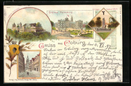 Lithographie Coburg, Schloss Ehrenburg, Krieger-Denkmal, Spital-Thor  - Coburg