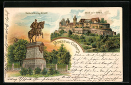 Lithographie Coburg, Denkmal Herzog Ernst II., Veste Von Osten  - Coburg