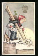 Künstler-AK Kind Mit Skiern Und Ihrem Kleinen Hund Im Schnee, Nerujahresgruss  - Sport Invernali