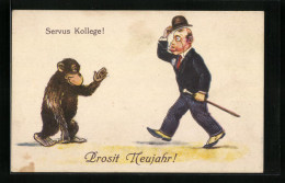 Lithographie Neujahresgruss, Mann Grüsst Schimpansen, Scherz  - Humour