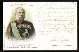 Lithographie König Albert Von Sachsen, 70. Geburtstag 1828-1898, Uniformiert Mit Abzeichen & Orden  - Royal Families
