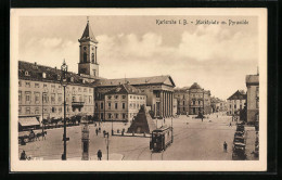 AK Karlsruhe I. B., Marktplatz Mit Strassenbahn  - Strassenbahnen