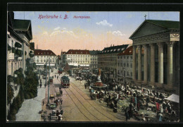 AK Karlsruhe I. B., Strassenbahnverkehr Auf Dem Marktplatz  - Tram