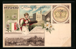 Lithographie Neuchatel, Cacao Suchard, Schweizerin Mit Schokolade, Stadtwappen Und Stadtansicht  - Autres & Non Classés