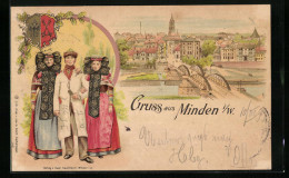 Lithographie Minden I. W., Uferpartie Mit Brücke, Mann Und Zwei Frauen In Tracht  - Minden