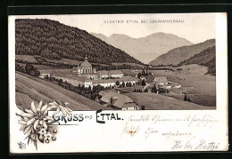 Lithographie Oberammergau, Kloster Ettal  - Oberammergau