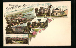 Lithographie Tutzing, Hotel Am See, Starnberg V. D. Villa Prinz Karl U. Starnberger See, Roseninsel  - Tutzing
