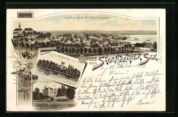 Lithographie Starnberg, Teilansicht Von Der Villa Prinz Carl Gesehen U. Starnberger See, Roseninsel, Schloss Berg  - Starnberg