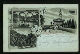 Mondschein-Lithographie Görlitz, Weinberghaus, Springbrunnen Im Stadtpark M. Humboldt-Denkmal, Viaduct U. Laufsteg  - Görlitz