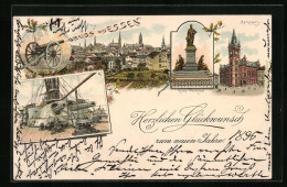 Vorläufer-Lithographie Essen, 1895, Rathaus, Krupp-Denkmal, Kanone Auf Einem Kriegsschiff, Neujahrsgruss  - Essen