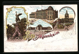 Lithographie Mannheim, Ober-Realschule, Bhanhof, Krieger-Denkmal  - Mannheim