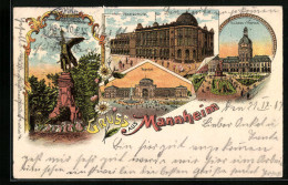 Lithographie Mannheim, Ober-Realschule, Bahnhof, Krieger-Denkmal  - Mannheim